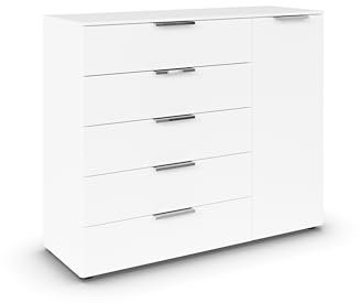 Rauch Möbel Flipp, Kombikommode, Kommode mit Stauraum für Wohnzimmer, Schlafzimmer, Flur, 2 Fachböden, Alpinweiß, 1-türig, 5 Schubkästen, Griffe Chrom, 120x100x42cm