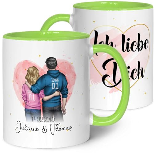 GRAVURZEILE Bedruckte Tasse mit Konfiguration - Paarmotiv zum selbst gestalten - Personalisierbares Geschenk für Paare & Partner - Geschenke für Sie & Ihn zum Valentinstag - Farbe: Hellgrün