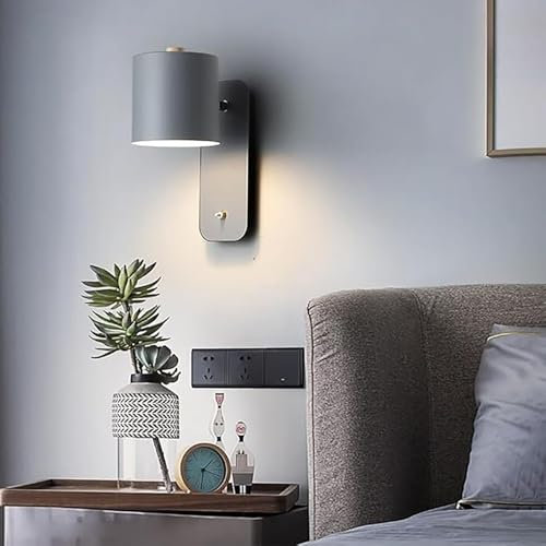 GZZBMY Nordisch Wandlampe LED Verstellbare 180° Eisen Wandleuchte mit Knopfschalter Wandbeleuchtung Innen Metall Leselampe Modernes E27 für Schlafzimmer Hotel Kaffee Restaurant (Grau,Warms Licht)