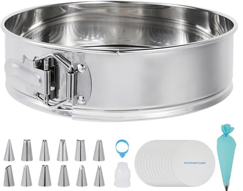 Aufind 10 Inch Springform Pan for Baking, 304 Stainless Steel Cheesecake Pan with Removable Bottom, Includes 12 Piping Tips and 50 Parchment Papers for Pie Cake Pizza and Quiches(10 Cake pan)
