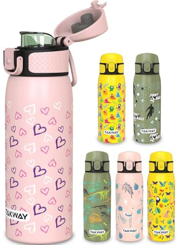 TAKWAY Edelstahl Trinkflasche Kinder 550ml - Auslaufsicher, isoliert und Kohlensäure geeignet - Flasche für Schule, Sport (Herz)