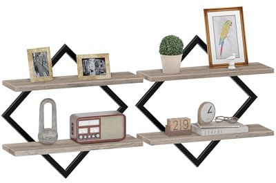 CHOEZON Floating Shelves, Set of 2 Wall Shelves, 2-Tier Hanging Shelves, Wall Shelf Set of 2, Wall Mounted Shelves, for Living Room, Bedroom, Kitchen, Office, Study, Greige DTBJ01P2BG