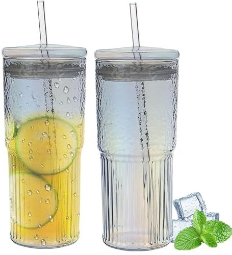 Lot De 2 Tasses À Café En Verre Avec Couvercles Et Pailles, 600 Ml Tasses En Verre Avec Couvercles, Verre Avec Couvercle Et Paille, Pour Café, Thé, Smoothie, Passe Au Lave-Vaisselle