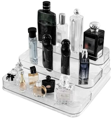 3 Tier Acrylic Organiser, Display Stand with Fences, No Assembly Perfume Stand Organiser, Clear Display Shelf for Home, Office, Retail for Funko Figures Toys Cupcake Food, Cologne, Cosmetics, Storage