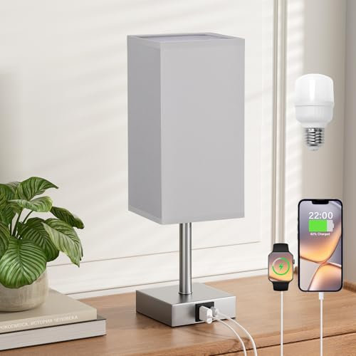 Aooshine Touch Table Lamp,Dimmable Bedroom Lamp with USB A+C Charging Ports with Grey Shade(Bulb Included)