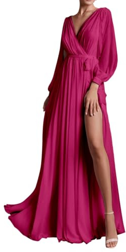 Vestiti da damigella d'onore a maniche lunghe per matrimonio in chiffon plissettato abiti lunghi formali da sera per feste con spacco AH117, Fucsia, 48