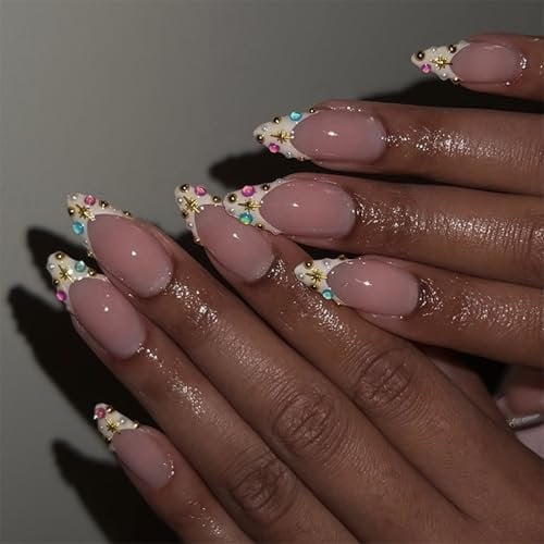 24Pcs Almond False Nails Press On With Glitters French Tips And Rhinestones Acrylic Nails Party Ready Nails For Women