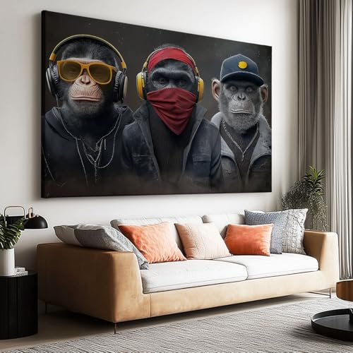 Leinwandbild XXL 3 coole Affen mit Kopfhörer & Brille - Pop Art Wandbild Schimpanse auf Leinwand - Hochwertiger Kunstdruck ohne Rahmen für Wohnzimmer, Jugendzimmer, Büro Deko - 90x60 cm