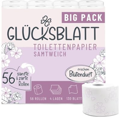 Toilettenpapier SAMTWEICH mit frischem Blütenduft, 4-lagig, 56 Rollen x 130 Blatt, 100% Zellstoff, superweiches Klopapier mit Glücks-Prägung, WC Papier, Verpackung aus mind. 30% PCR