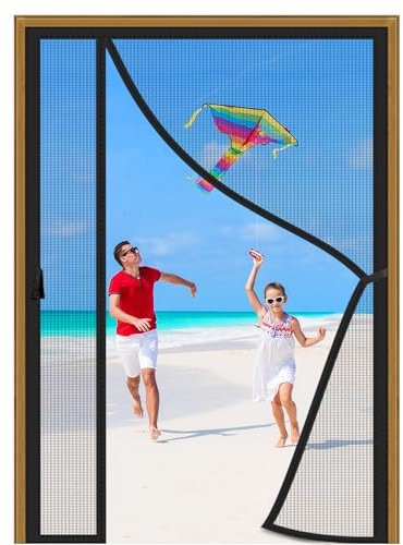 Moustiquaire Porte Fenetre 180x205cm Noir Moustiquaire Baie Vitree Coulissante avec Bande Adhésive Fermeture Automatique pour Patio Balcon Coulissante