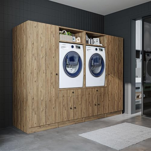 ROOMART Schrankwand für Waschküche & Hauswirtschaftsraum – 254 cm – Hochschrank mit Ausziehbrett – Waschmaschinenumbauschrank & Stauraumregal (Eiche, V2 : 254 x 184 x 67 cm (B x H x T))