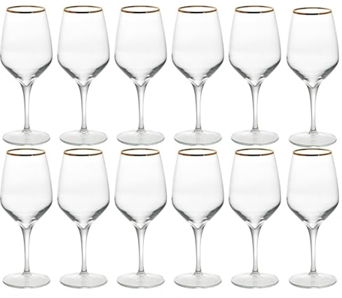 Queensway Home & Dining Gold Rim Wine Glasses & Champagne Flutes Set - Luxury Long-Stem Glassware for Red, White & Sparkling Wine - Elegant Goblet Collection for Weddings, Parties & Home Entertaining