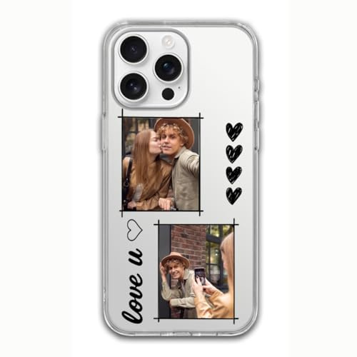 Individuelle Handyhülle mit 2 Bildern und Texten für iPhone 16, 15, 14, 13, 12, 11 Pro Max Mini, personalisierbar, transparent, schlanke Hülle