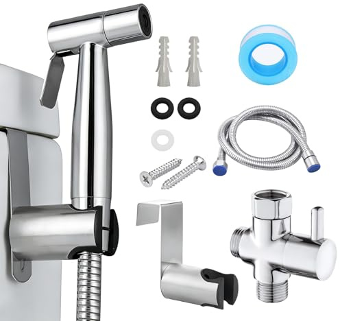 Handheld Bidet Sprayer Kit Stainless Steel Toilet Bidet Shattaf Douche | Adjustable Muslim Shower Spray Jet with 1.5m Hose T-Adapter Attachment for Bathroom Toilet Cleaning Personal Hygiene Pet Bath