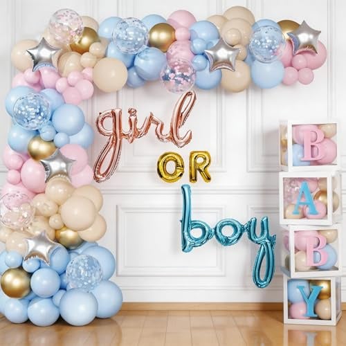 Gender Reveal Balloon Boxes Deko Set, 159-Teilig Pink Blau Ballon Girlande mit 4 Baby Boxen & Buchstaben für Junge oder Mädchen Babyparty Geburtstag