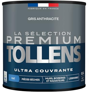 Tollens - Peinture Couleur - Murs, Boiseries & Radiateurs - La Sélection Premium - Pièces sèches - Ultra couvrante - Résistante - Ultra rapide - Ecolabel - Mat - GRIS ANTHRACITE - 0L5 = 6m²