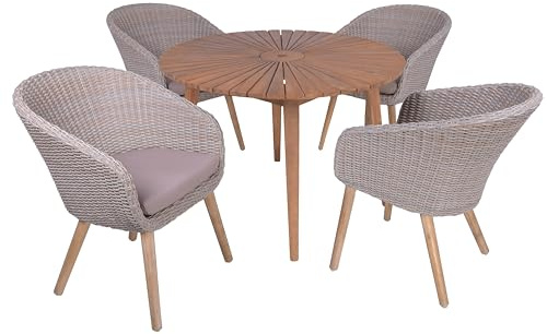 DELUKE Garten-Sitzgruppe Elvira 5-TLG. - Akazie, Beige | Gartenmöbel-Set Gartengarnitur Garten-Essgruppe mit Stühlen/Sesseln B und Esstisch