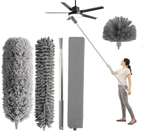5-Piece Extendable Cobweb Duster Kit – Microfiber feather duster with 280cm telescopic pole and 4 replaceable heads – Washable reusable dusters for cleaning ceilings, fans, high corners (black)