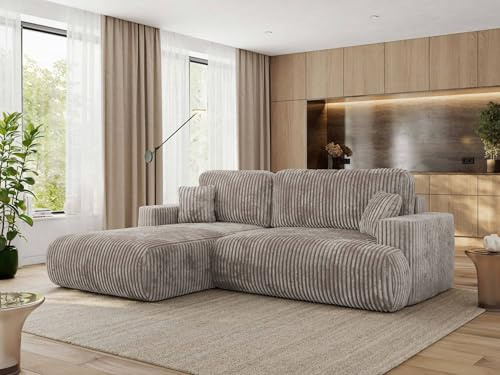 MKS MEBLE Ecksofa Wohnlandschaft L-Form mit Schlaffunktion und Bettwäscheschrank, Schlafsofa mit Bettkasten, modernes Sofa OVO L - Links - Hellbraun Cord