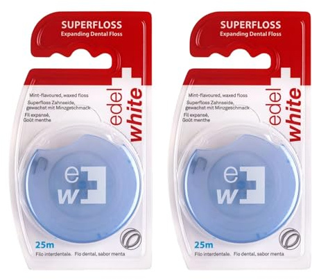 edel+white Expanding Superfloss 25m Zahnseide mit Wachsbeschichtung & Minzgeschmack – 2er Pack
