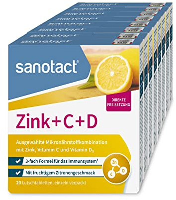 sanotact Zink + C + D (8 x 20 Lutschtabletten) • Zink Tabletten mit Vitamin C & Vitamin D3 • Vitamine für Immunsystem • Immun Vitamine • Fruchtiger Zitronengeschmack