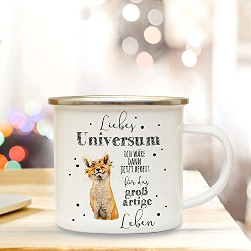 ilka parey wandtattoo-welt Emaille Becher Camping Tasse mit Fuchs & Spruch Liebes Universum Kaffeetasse Geschenk Kaffeebecher eb64