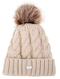 AnJuHoPa Cappello Lavorato a Maglia con Fodera Interna in Pile Polare Bobble in Pelliccia Sintetica Rimovibile per Donne e Ragazze Beige