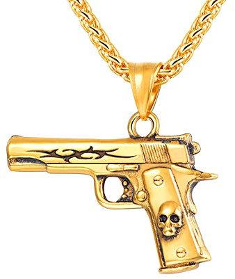 U7 Armee Sturmgewehr Mini UZI Form Anhänger Halskette 18k vergoldet 3mm/60cm Weizenkette Hip Hop Stil Coole Waffe Gewehr Modeschmuck Geschenkidee für Männer Jungen