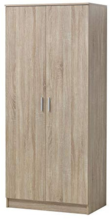 Timber Art Design 2 Door Double Wardrobe In Sonoma Oak Modern Contemporary With Shelving, Hanging Space, Bedroom Furniture Storage With Chrome Metal Handles (76 x181x 47 cm)