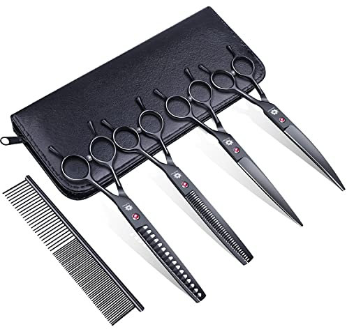 Dream Reach 7,0 Zoll professionelles Tierpflege Set Hundeschere Fellschere Tierpflege-Schere Gerade/Gebogene/Effilier/Chunker Scheren Set Schwarz (4er-Set)