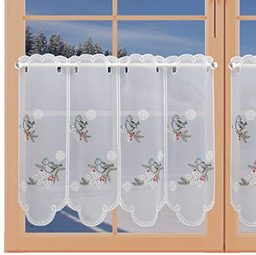 artex deko Hochwertige Stickerei-Gardine Winter-Meisen mit Schneeflocken auf Weihnachts-Zweigen gestickt aus Echter Plauener Spitze 45 x 48 cm