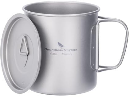 iBasingo Tasse Pot de Camping Portable Ultraléger en Titane Outdoor Vaisselle Can Tasse à thé en titane avec anse pliable et couvercle 450ml