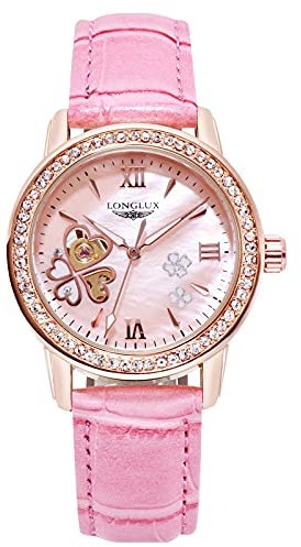 rorios Damen Uhren Wasserdicht Automatikuhr Mechanische Uhr mit Leder Armband Leuchtend Mode Diamant Armbanduhr für Frauen Rosa