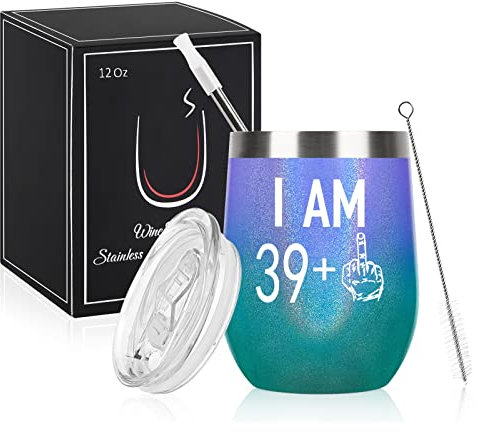 Livole 40. Geburtstagsgeschenke Edelstahl Weinbecher, 40th Geburtstags Geschenke für Frauen, 12oz Weinglas mit Deckel und Strohhalmpinsel, Vakuumisolierte Reisekaffeetasse für Wein Getränke Champagner