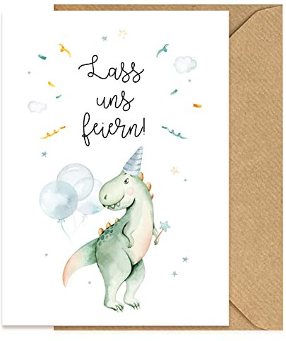 KOKO&LORA® Einladungskarten Set mit Kraftpapierumschlägen - Einladungen für Party & Kindergeburtstag mit Tieren im skandinavischen Stil mit Natur-Kuvert für Jungen & Mädchen (Dino)