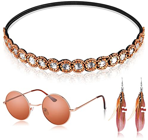 Weewooday 4 Stück Hippie Kostüm Set Böhmische Party Dressing Accessoires inklusive Brille Stirnband Ohrhänger für die 60er und 70er Jahre (Bronzestil)