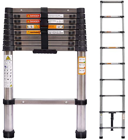 8.5FT Telescopic Multi-Purpose Loft Attic Ladder - Latest Stainless Steel Telescoping Extension Ladder - Sturdy and Solid Adjustable Height EN131 Safe Standard for Decorating Painting Home DIY