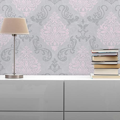 TADESSI Tapete Barock Gioele M1-No.902 Vliestapete Rosa Grau Klassiktapete mit Ornamenten Wohnzimmer Schlafzimmer Küche