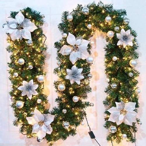 SHAVINGFUN Ghirlanda Natalizia,ghirlanda natalizia con luci,2.7 M ghirlanda natalizia per porta,ghirlanda natalizia per esterno,per Scale,Ringhiere,Finestre,Camino,Porte,Natalizia Decorativa (Argento)