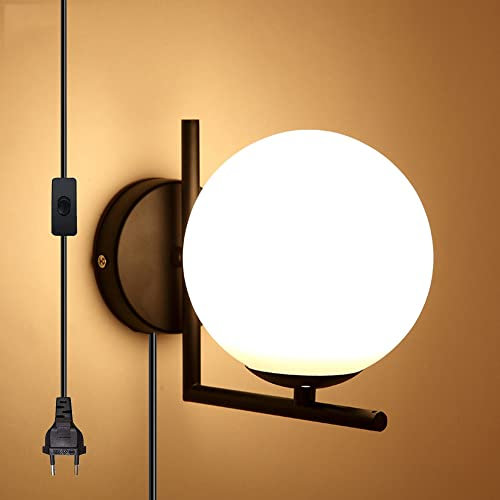 Industrielle Wandleuchten mit Stecker in Kordel für Wohnzimmer,Antik Deko Design Kleine Kugel Opalglas innen Wandleuchten Loft-Wandlampen Bauernhaus Wandbeleuchtung E27 (Schwarz Farbe)