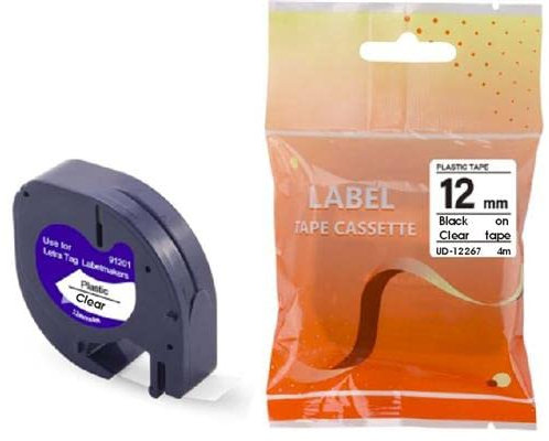 20x Kompatibles Etikettenband Schwarz auf Transparent als Ersatz für 12267 Dymo Letratag Kunststoff Clear Etikettenband, 12mm x 4m Plastic Durchsichtig Band für LT-100H LT-100T LT-110T XR
