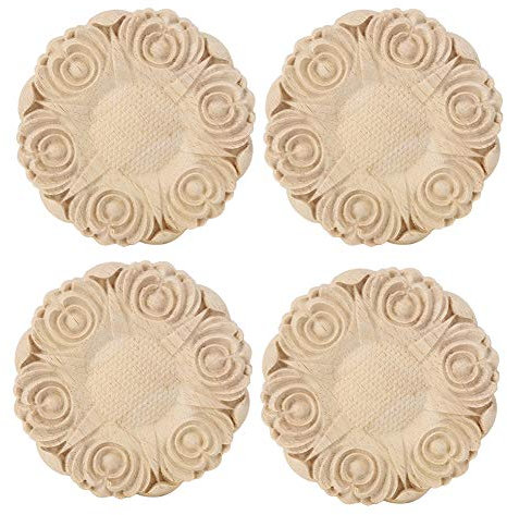 4 Stück Runde Holzschnitzerei Applique 10cm Unlackierte Holz Ornament, Handgemacht Geschnitzte Möbel Applique für Schrank Tür Fenster Wand Dekoration