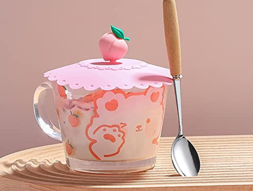 MOOCO MORNING Taza de cristal de oso con tapa para café, leche, vino, té, vasos coreanos, lindas tazas de melocotón, jugo, tazas de desayuno