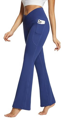 baleaf Damen Yogahose 29 Bootcut Leggings mit V-Crossover Taille Stretchy Gym Hose mit Taschen XS-3XL Blau L