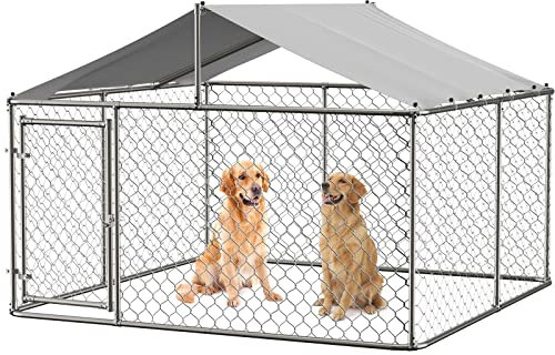 Chain Link Dog Kennel Outdoor Dog Playpen Galvanized Puppy Exercise Pen Dog Run Cage with UV & Waterproof Cover Secure Lock 10x10x6ft