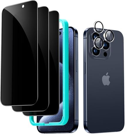ESR für iPhone 15 Pro für Panzerglas Display Sichtschutz Set, Anti Spy Displayschutz aus gehärtetem Glas, mikrogekrümmte Kanten, hüllenfreundlich, 3 Stück mit 1 Satz individuellem Kamera Schutz