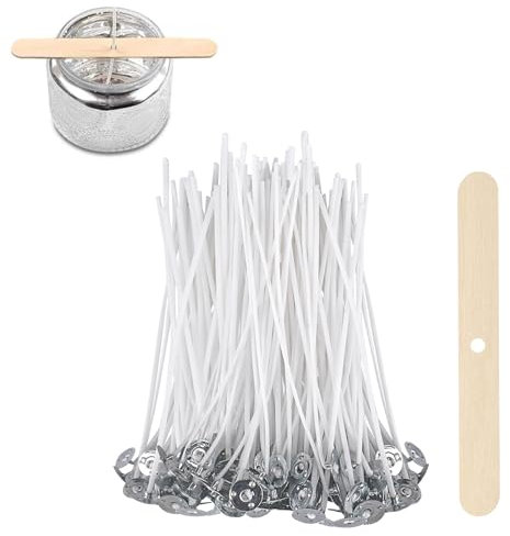 ALLAVA 100 Stück Kerzendochte für Kerzen, 12cm Kerzendochte mit Dochthalter aus Holz, Natürliche Bio Baumwolle, Vorgewachst mit Soja Wachs, Kerzen Docht für Die Kerzenherstellung Candle DIY