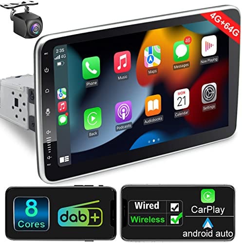 Android Autoradio mit Navi 10 Zoll Bildschirm Eingebaut DAB+ Wireless Android Auto & Wireless Carplay 1 Din Auto Radio Touch Display mit Bluetooth 8 Core 4G+64G WiFi 4G GPS AM/FM RDS