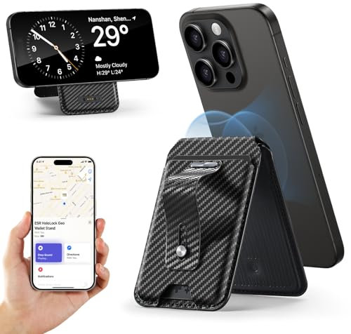 ESR for Magsafe Wallet with Full Find My Functionality, Magnetic Geo iPhone Wallet Tracker with Adjustable Stand, Up to 3,000g Magnet Strength, for iPhone 16/15/14/13/12, Black Carbon Fiber