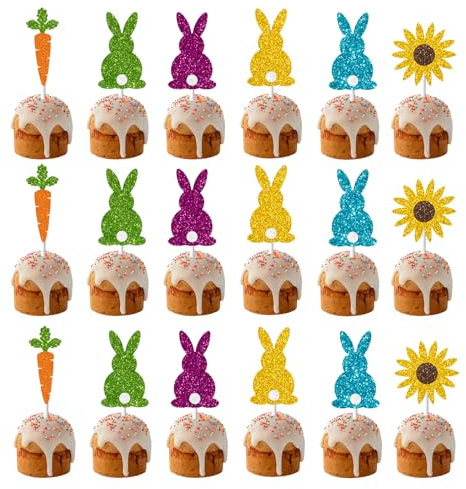 Bekecidi Ostern-Feier! 30er-Pack Bunte Kreativ Glitzernde Kaninchen und Karotte Kuchentopper, Einzigartige Oster-Party-Deko